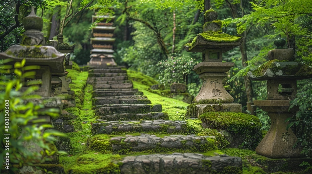 Traditional Japanese pagoda nestled in a lush green forest moss-covered stones leading up Traditional Japanese pagoda nestled in a lush green forest moss-covered stones leading up