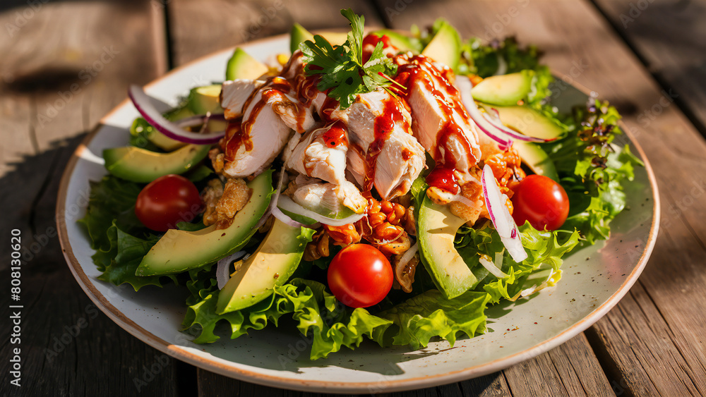 A delightful serving of grilled chicken salad with fresh greens, avocados, and cherry tomatoes, drizzled with a flavorful dressing on a rustic wooden table.