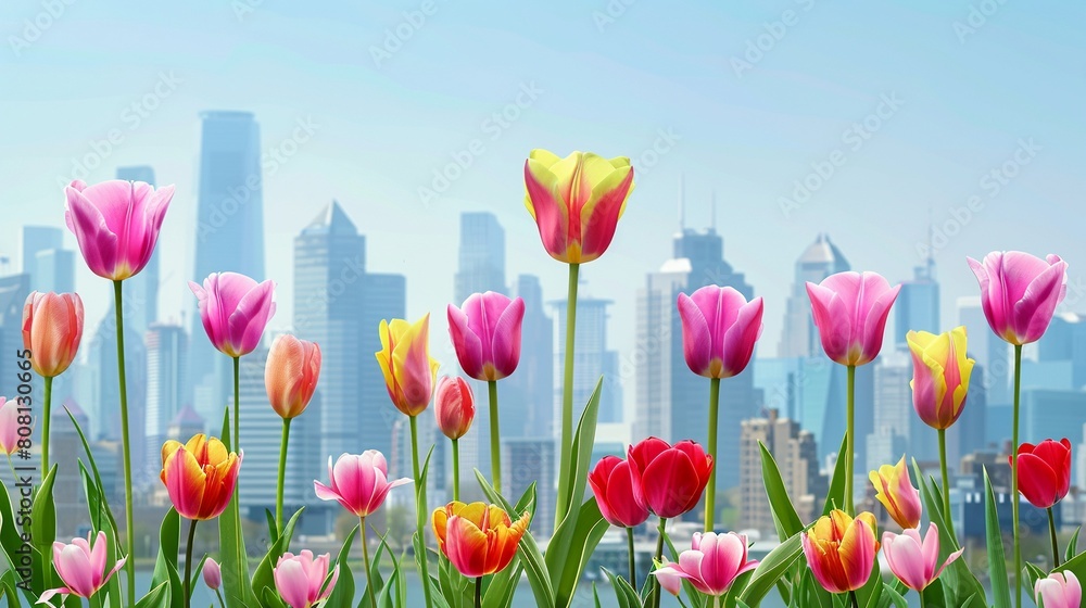 Urban spring meadow with vibrant tulips city skyline backdrop