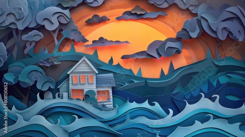 Papercut artwork showing a beachfront property gradually being swallowed by rising sea levels, with a sunset background.