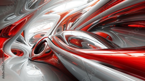 Red and silver abstract shapes intertwine in a mesmerizing dance, creating a visual symphony that captivates the imagination.