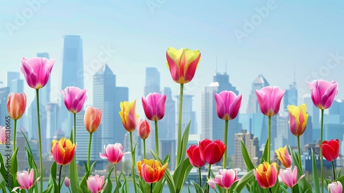 Urban spring meadow with vibrant tulips city skyline backdrop