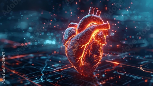 A digitally glowing model of a human heart with highlighted vessels is shown in a futuristic setting, surrounded by bokeh lights and technological data.