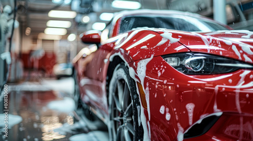 Sports car with bright red color is being washed by soft sponge. Car wash center with high facilities is carefully cleaning the luxury automobile.