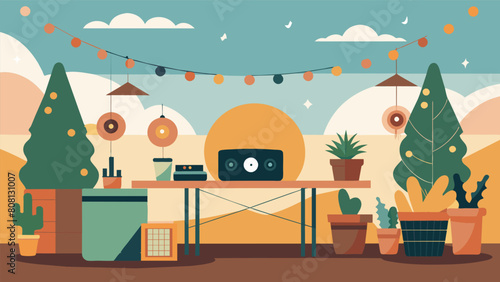 Adorned with strings of fairy lights and potted plants the rooftop transforms into a bohochic garden party where vinyl records set the tone for a Vector illustration