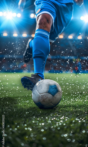 professional soccer player kick ball at stadium closeup shot  football match and championship  leg in sport shoe close-up