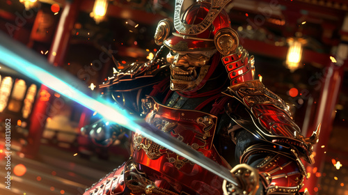 A steampunk samurai with mechanical red armor and a glowing blue energy blade, defending an ancient temple from clockwork automatons in a world where technology meets tradition photo