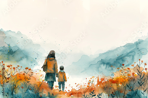Watercolor illustration of mother and her child walking hand in hand through the field photo