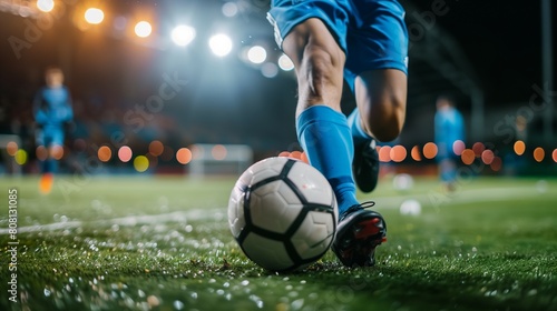 professional soccer player kick ball at stadium closeup shot  football match and championship  leg in sport shoe close-up