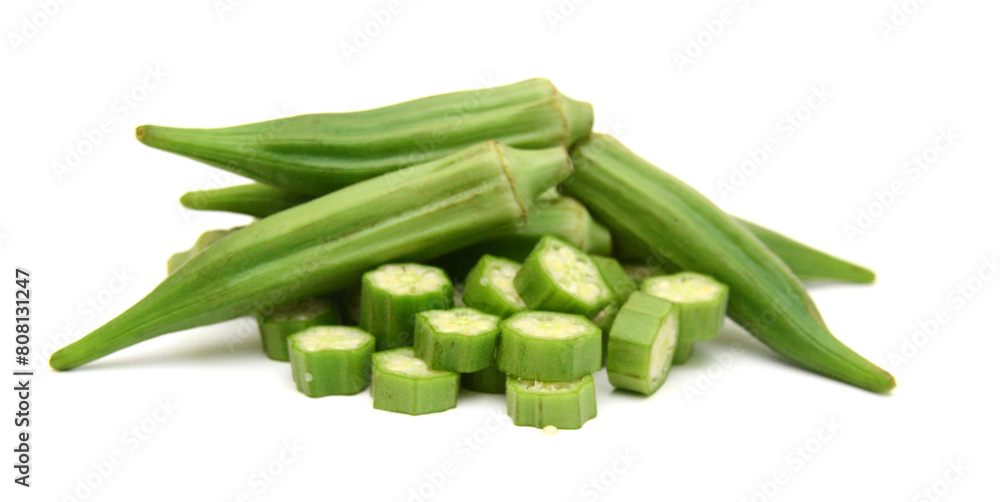 Fresh raw okra isolated on white background, horizontal with copy space Fresh raw okra isolated on white background, horizontal with copy space