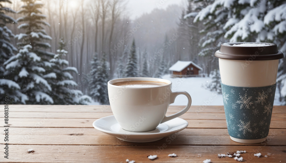 Winter Morning Vibes: A Hot Drink on a Wooden Table with a Snowy Background Winter Morning Vibes: A Hot Drink on a Wooden Table with a Snowy Background