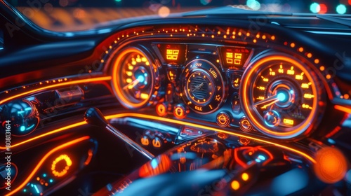 retro-themed digital car dashboard with illuminated buttons and dials, merging vintage and futuristic tech elements