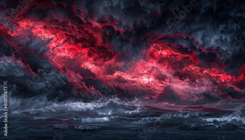 A bold and intense interaction of crimson and dark grey waves, clashing in a powerful display that captures the drama of a stormy evening sky. photo