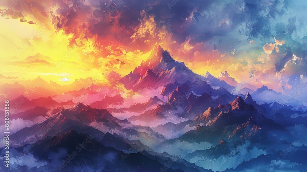 The image shows a beautiful mountain landscape with a vibrant sky full of color. The mountains are covered in snow.