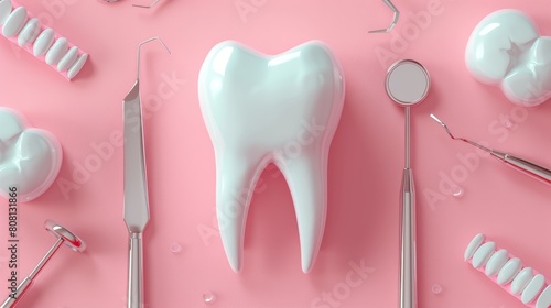 A healthy white tooth on a pink background with dental instruments nearby. photo