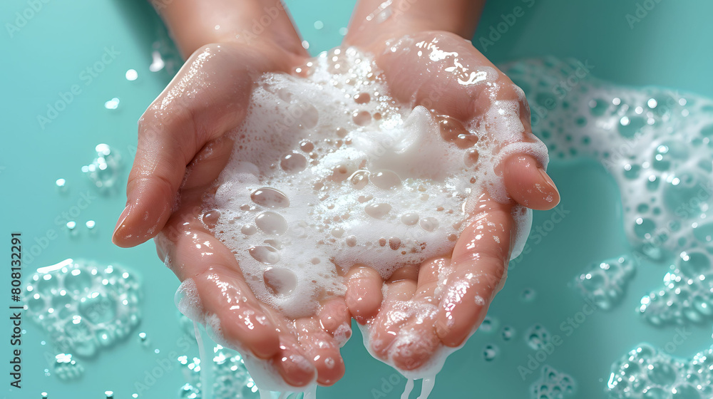 Fototapeta premium Light blue background with hands immersed in soap foam