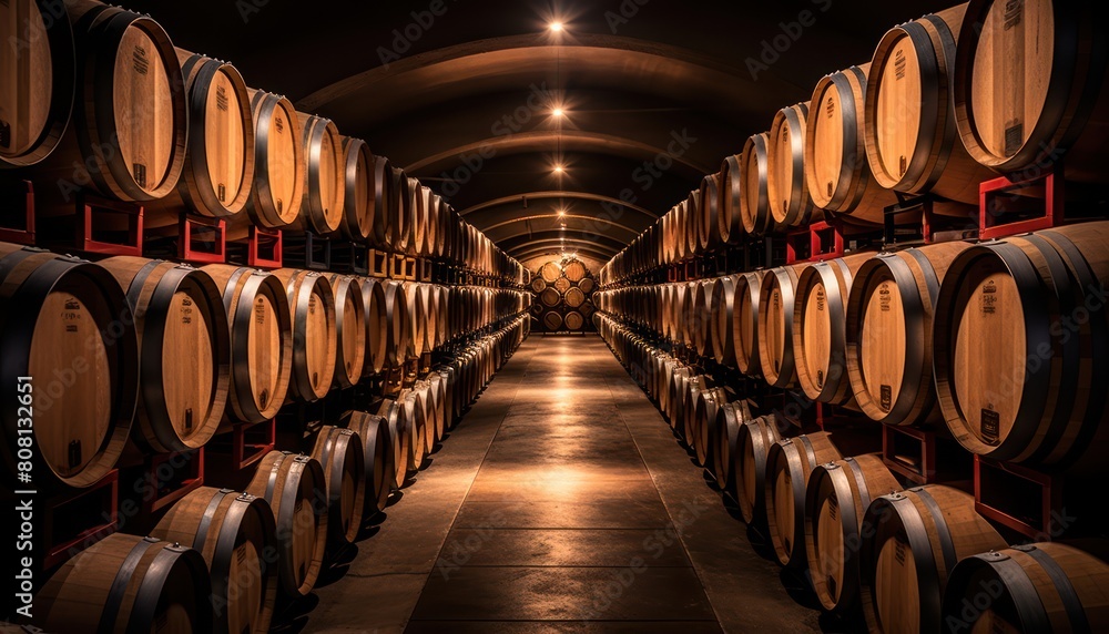 Array of wooden barrels lined up in a wine cellar