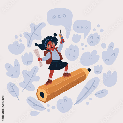 Cartoon vector illustration of Back to school! Happy child flying on the pencil and kids fly on book on sky. Concept of education and reading. The development of the imagination