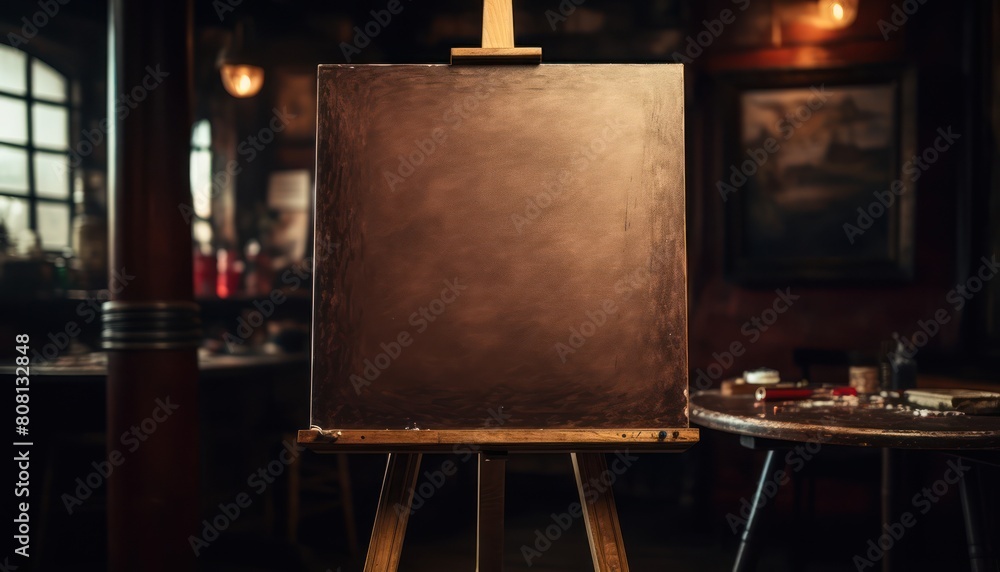 A wooden art easel holding a canvas with a work in progress, situated in a dimly lit room