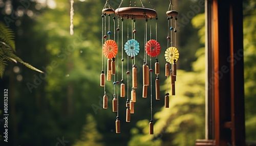 A wooden wind chime is hanging from a pole, creating harmonious sounds when the wind blows