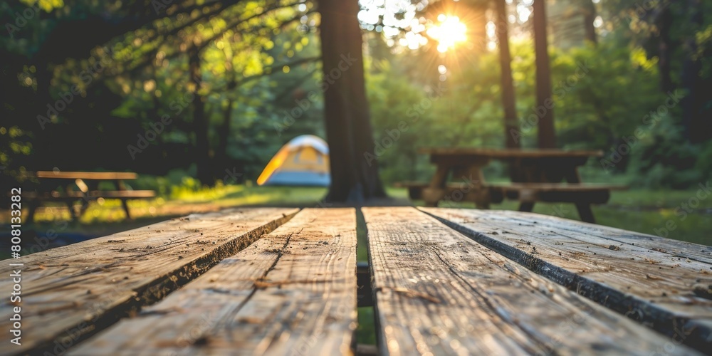 Serene Campsite with Tent and Wooden Table in Lush Park Serene Campsite with Tent and Wooden Table in Lush Park