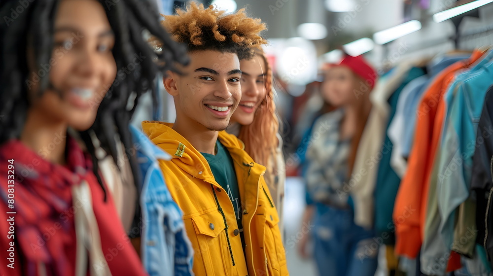 Portrait of a young boy with curly hairstyle shopping with friends
