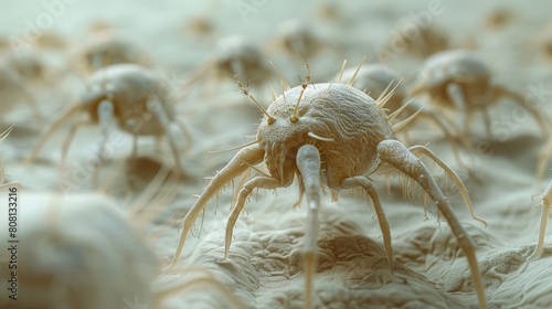 A close-up of a dust mite  highlighting its eight legs and hairy body  which can trigger allergies.