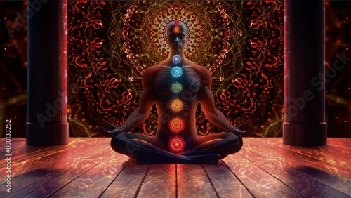 Digital animation of a meditating figure with visible chakras