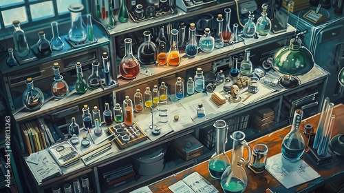 The shelves are lined with various potions and magical ingredients. A witch's workplace photo