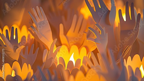 Papercut scene of a candlelight vigil for fallen soldiers, with paper candles held by paper hands. photo