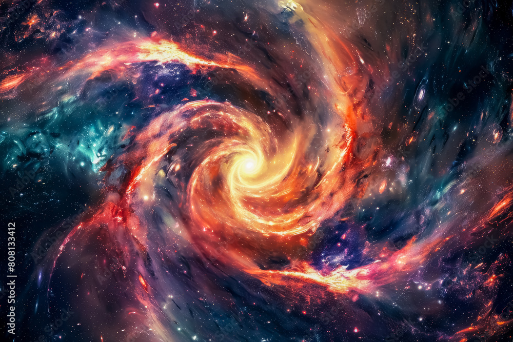 Close-up of a swirling galaxy cluster, swirling with vibrant colors and cosmic energy