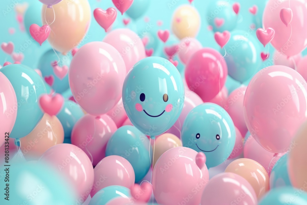 A lot of pastel color balloons with smiley faces and hearts. A lot of pastel color balloons with smiley faces and hearts.