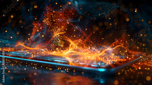 An abstract scene of magic sparks interacting with digital technology, blending glowing particles with a futuristic and ethereal atmosphere