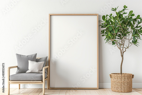 Modern Home Interior Featuring Blank Vertical Poster Frame and Potted Plant