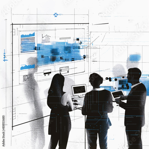  Modern Data Analysis Team at Work: Monochrome illustration of a professional team analyzing data on large digital screens, featuring dynamic blue digital elements