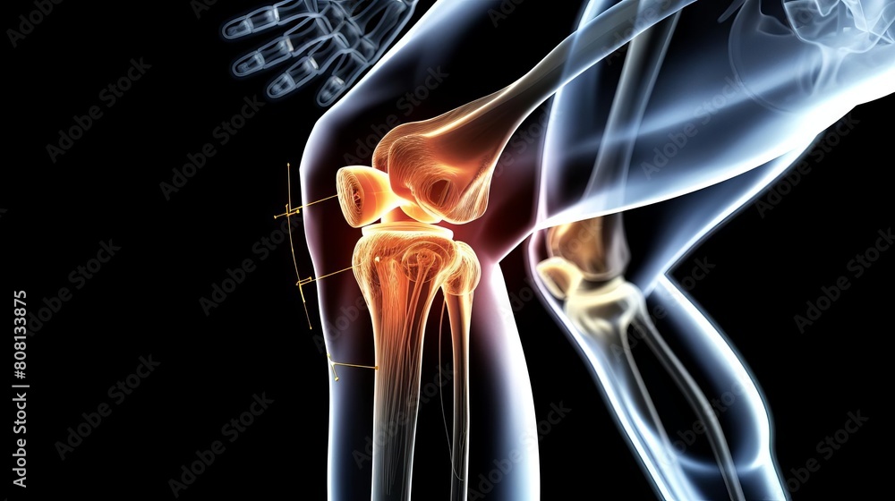 A 3D scan highlighting pain in the knee joint with a glowing red ...