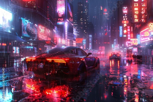 Cyberpunk Futurism, Cyberpunk-inspired neon cityscape, Neon red, blue, and purple, Reflective cyberpunk surfaces, Glowing neon signs and holographic ads, Glitch art and pixel distortion photo