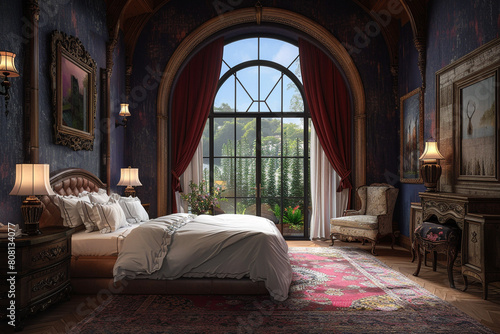 A grand, arched window frames the luxurious bedroom.