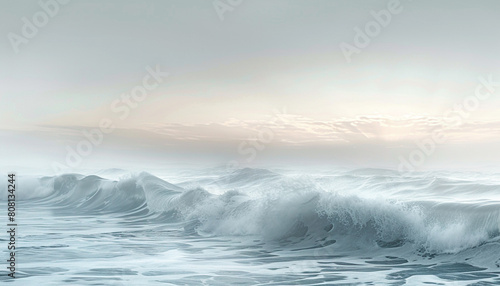A calming scene of soft grey and pastel blue waves gently colliding, evoking the soothing presence of a misty morning sky. © Aaron Gallery  
