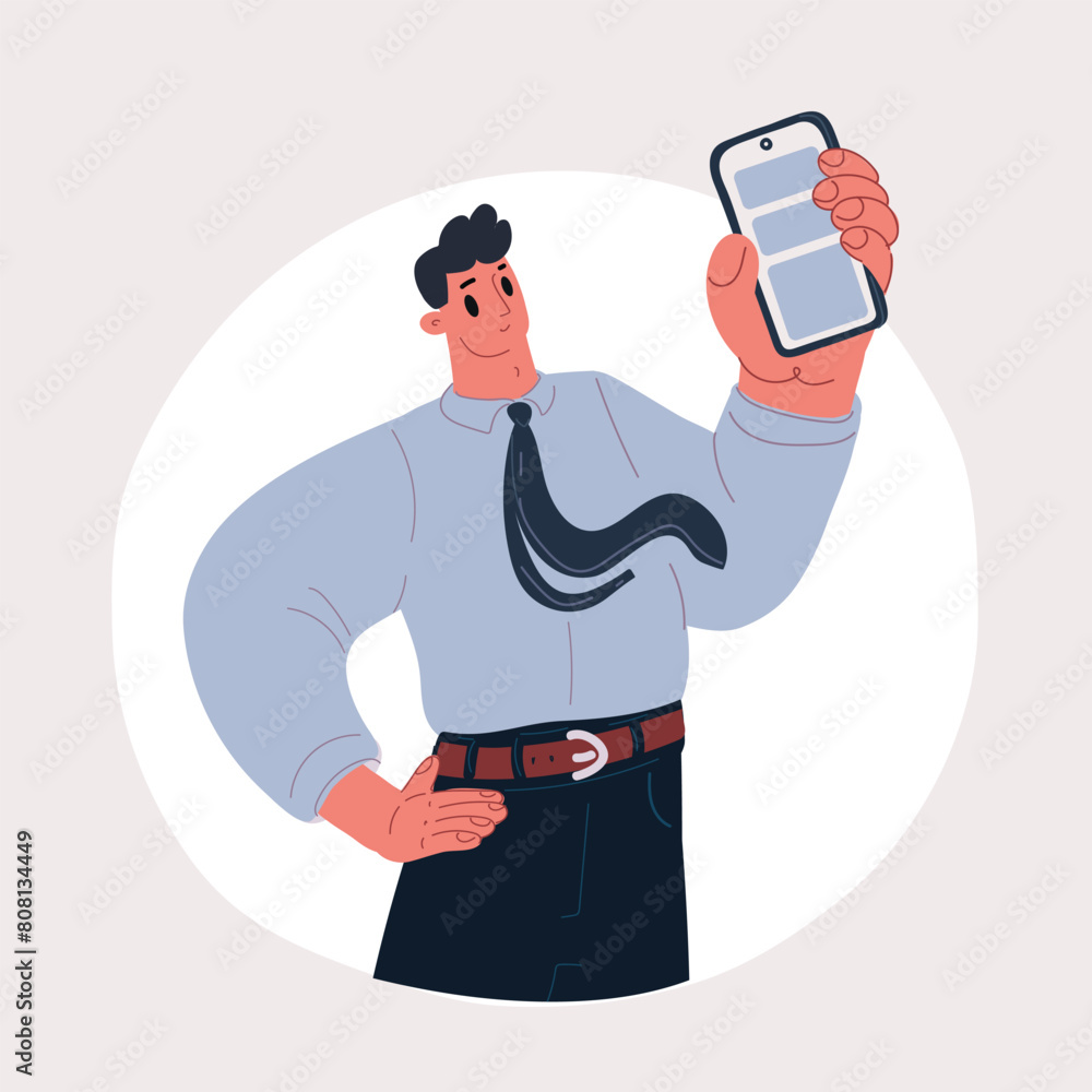 Cartoon vector illustration of Cheerful business man raised his hand to show the screen in mobile phone and money wallet.