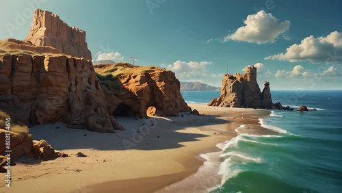 A beautiful beach with a rocky shoreline and a cliff in the background