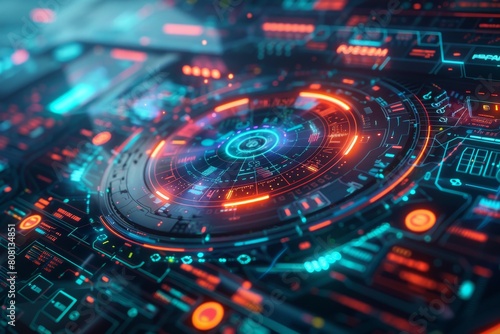 Futuristic HUD, Futuristic heads-up display design, Electric blue, green, and red, Shiny metallic HUD elements, Glowing data streams and interface elements, Digital overlays and AR effects