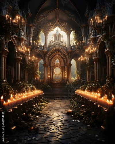 3D CG rendering of Gothic church with candlelight. High resolution © A