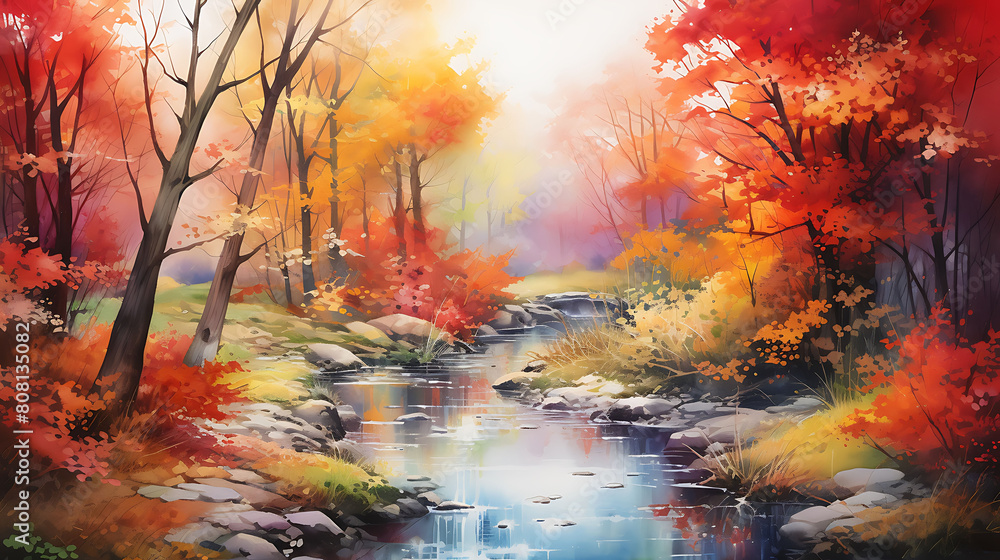 Paint a watercolor background capturing the vibrant colors of autumn in a forest