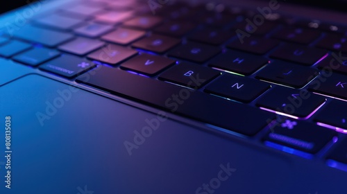Close-up of a laptop keyboard with selective focusing on keys and ambient backlighting photo