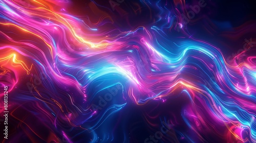 Chromatic fluid Fusion, Chromatic shapes and vibrant colors, Dynamic colored lighting, Smooth and glossy surfaces, Reflective surfaces and vibrant reflections, Variable depth of field
