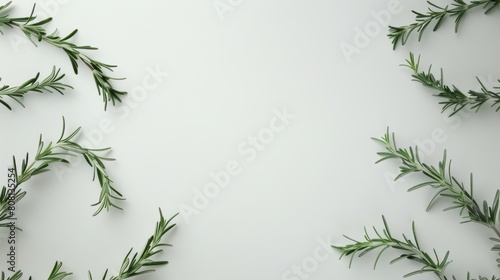 Several rosemary sprigs forming a graceful arc, with a high-contrast white backdrop that enhances their fresh, organic look photo