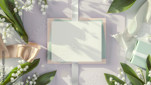 An elegant mock-up featuring a blank greeting card surrounded by a lush bouquet of lily of the valley flowers and a pastel-colored gift box with a silk ribbon, 