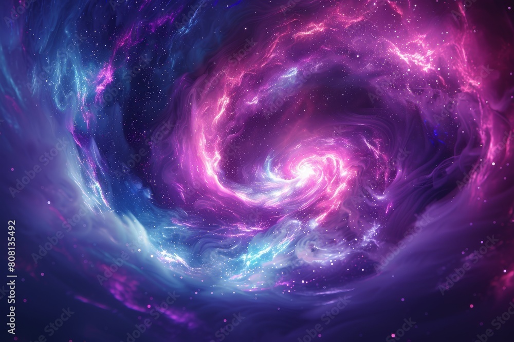 Galactic Nebula, Abstract swirls and cosmic formations, Deep blue, purple, and magenta, Iridescent nebula clouds, Glowing stars and celestial bodies, Holographic overlays and distortions