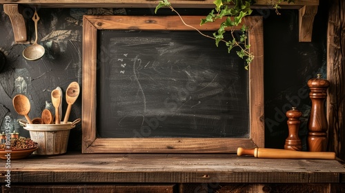 Vintage chalkboard, blank and ready for drawing or writing, set in a rustic farmhouse kitchen with antique utensils and ivy hanging in the background photo